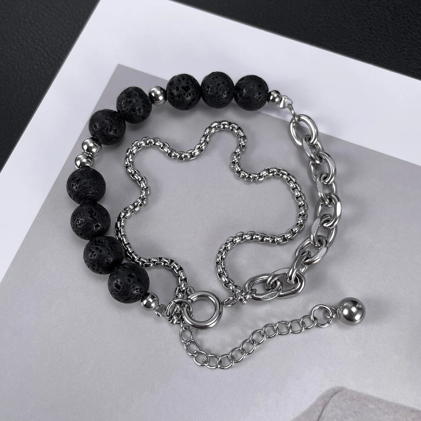 Men’s Double-Layer Lava Stone Chain Bracelet – Creative Stainless Steel Beaded Wristband, Street Style Fashion Accessory