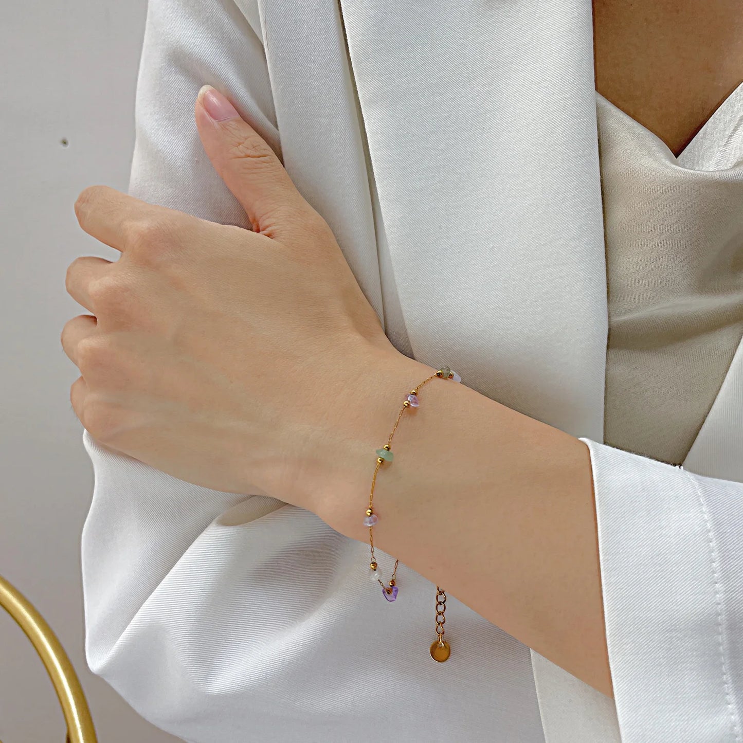 Boho Colorful Natural Stone Bracelet for Women – Luxury Gold-Plated Titanium Chain Ethnic Style Jewelry