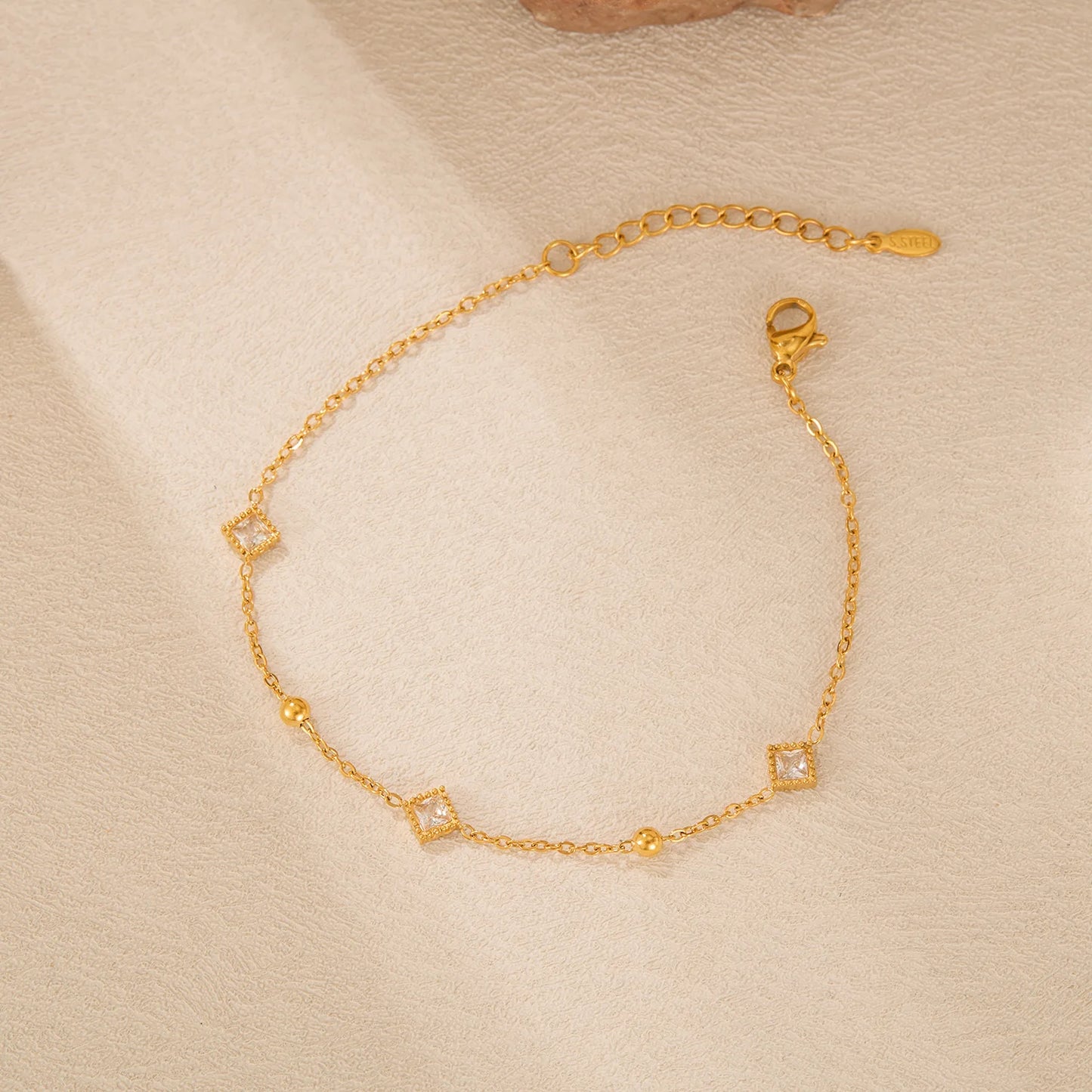 Geometric Square Zircon Bracelet for Women – Stainless Steel Commuter Style Chain with Small Beads