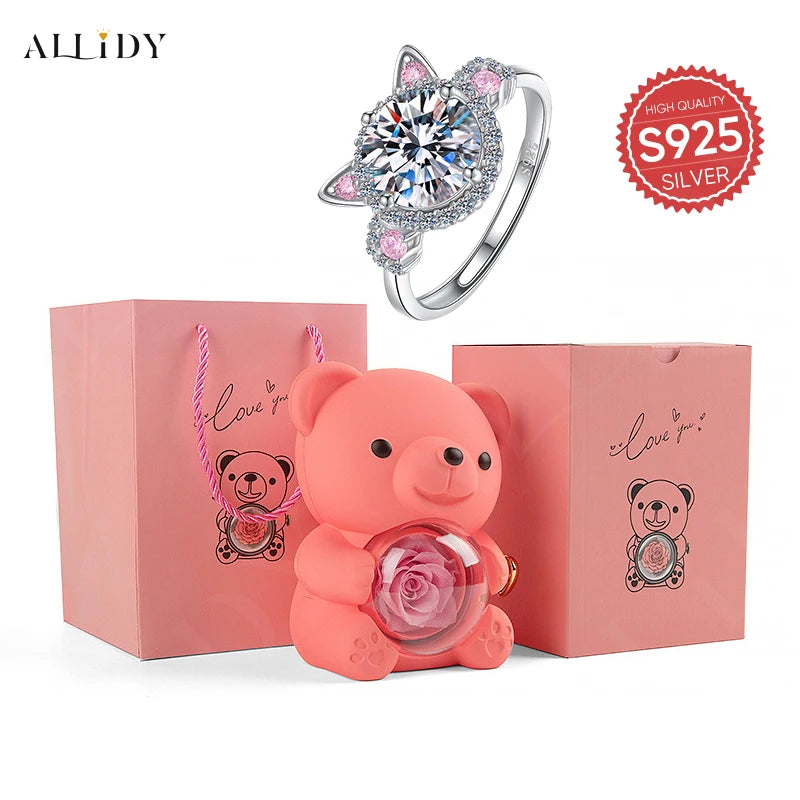 S925 Silver Fashion Cute Pink Cat Zircon Ring with Rose Bear Gift Box Jewelry Set Marriage Proposal Gift for Girlfriend