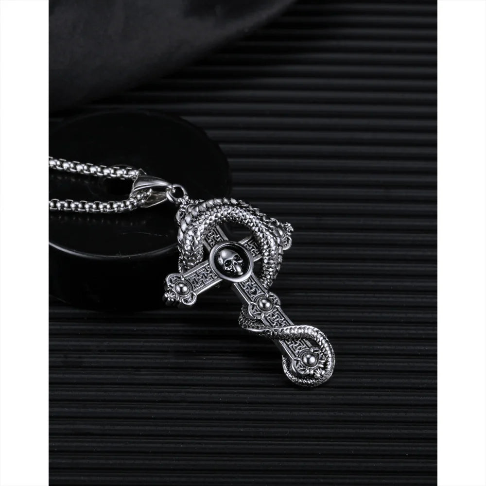 Vintage Dragon Skull Cross Necklace for Men – Gothic Titanium Steel Hip Hop Pendant Jewelry