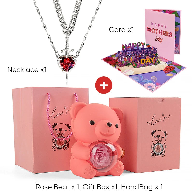 Mother's Day 3D Card Red Zircon Heart and Sword Necklace Double Necklace Real Rose Hug Bear Mothers Day Jewelry Gift Set for Mom