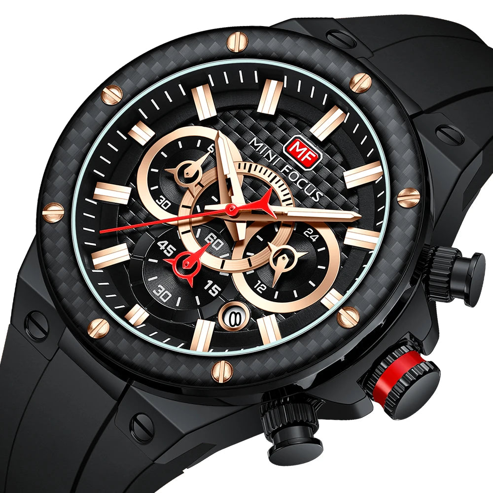 MINIFOCUS Men’s Sports Quartz Watch – Waterproof Chronograph Carbon Fiber Bezel Luminous Hands Multifunction Outdoor Timepiece
