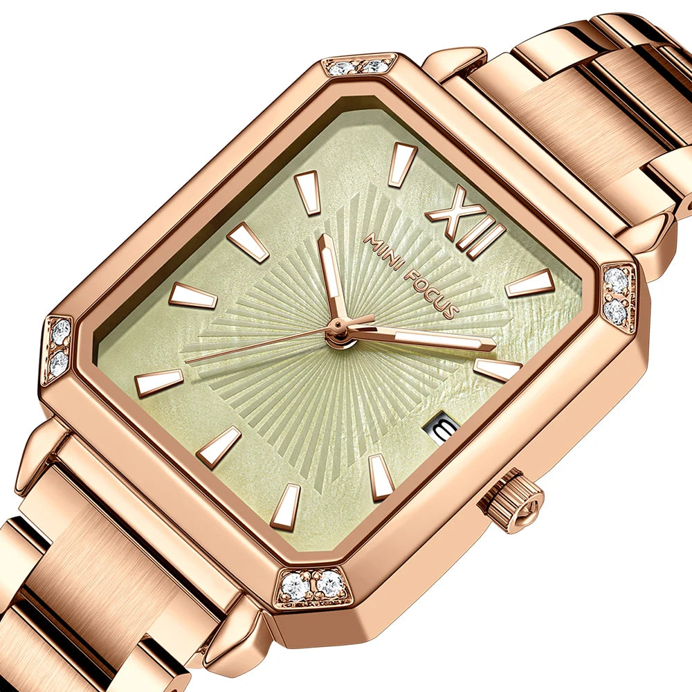 MINIFOCUS Women's Luxury Mini Square Watch Mother-of-Pearl Dial Luminous Stainless Steel Band Fashion Watch Gift for Women