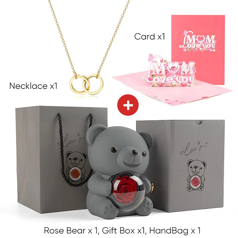 Mother's Day Gift Set Personalized Custom Necklace & Eternal Rose Teddy Bear and Beautiful Card Unique Jewelry Gift for Mom