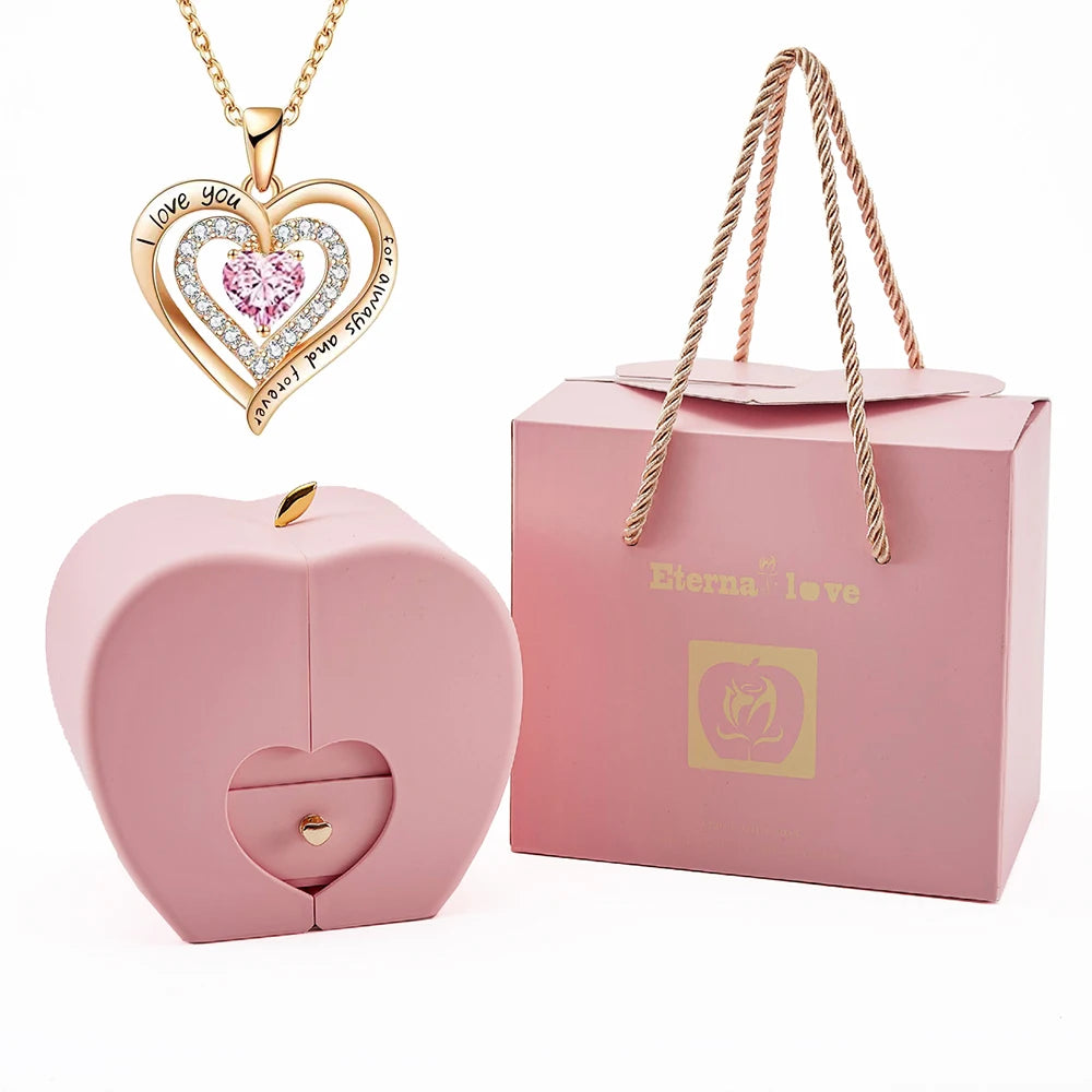 Hot Romantic Sakura Pink Eternal Rose Jewelry Box & Heart Gemstone Stainless Steel Necklace Mother's Day Surprise Gift for Women