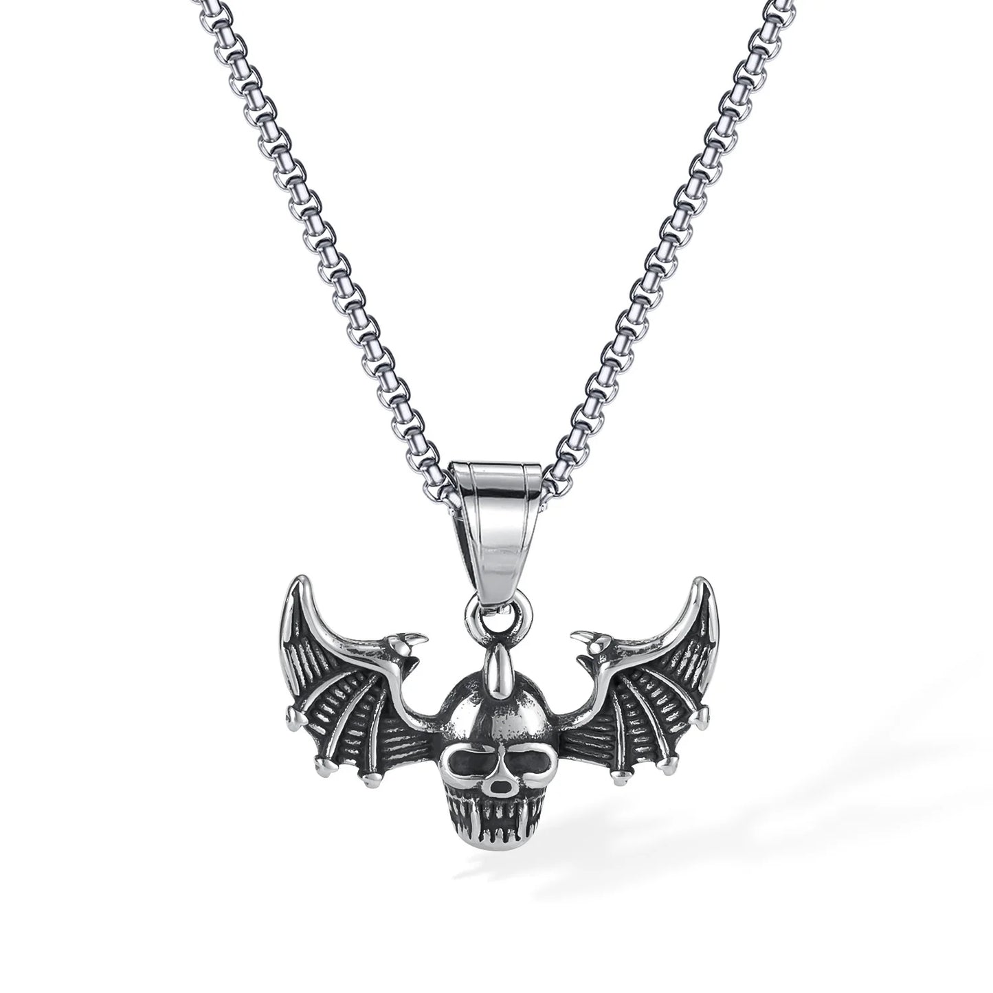 Men’s Punk Skull Pendant Necklace – Gothic Bat Wings Stainless Steel Chain for Streetwear Style