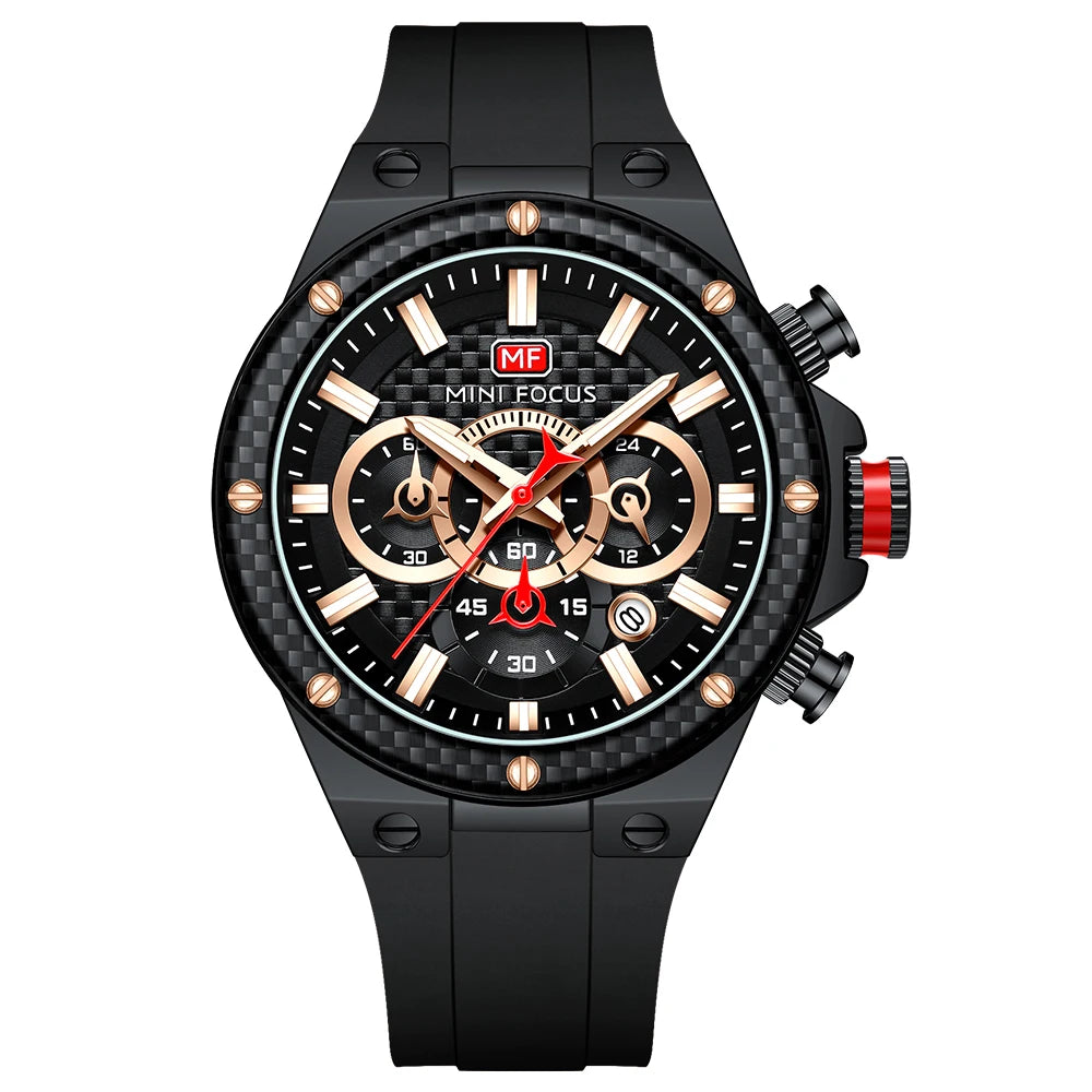 MINIFOCUS Men’s Sports Quartz Watch – Waterproof Chronograph Carbon Fiber Bezel Luminous Hands Multifunction Outdoor Timepiece