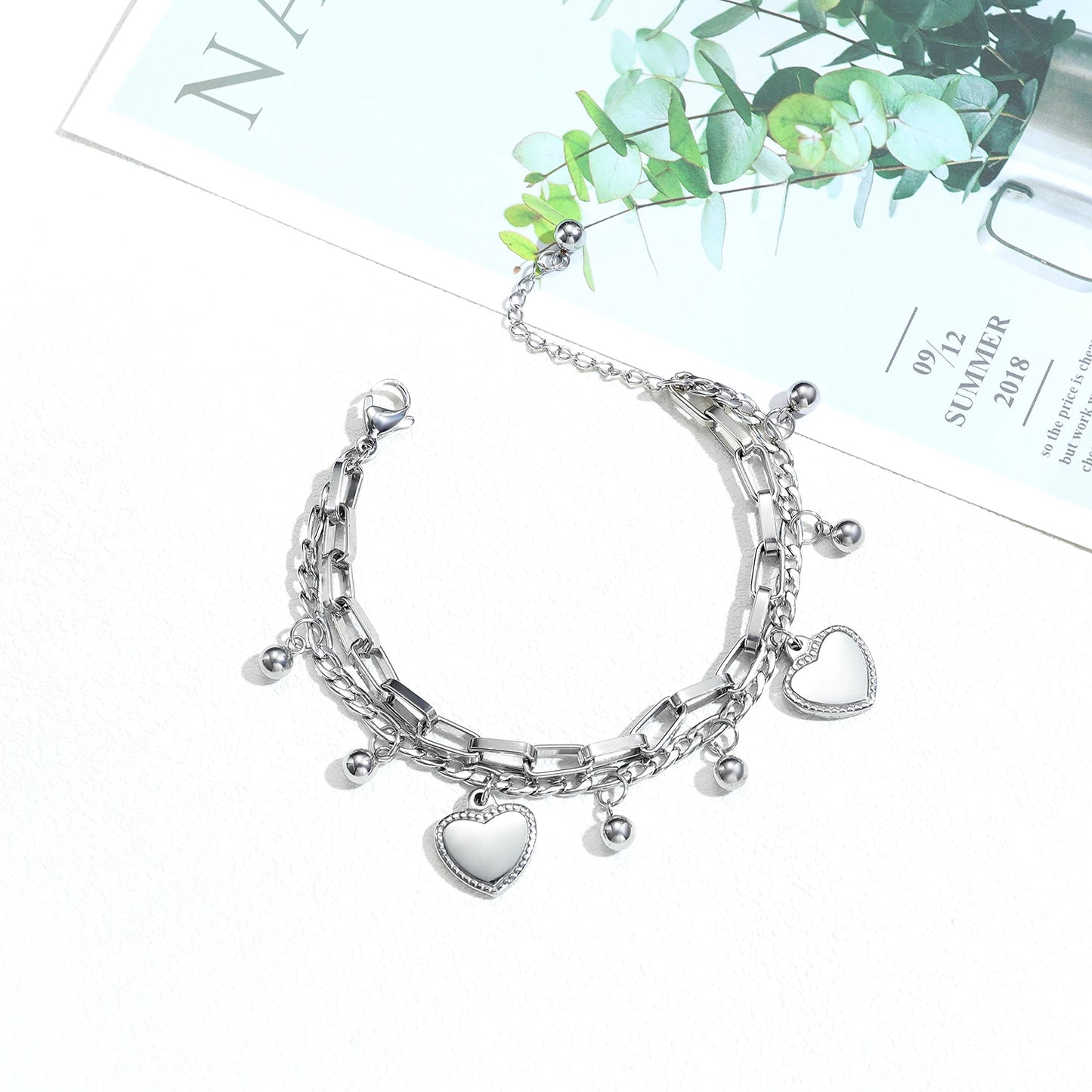 Trendy Layered Stainless Steel Bracelet for Women – Beaded Heart Titanium Steel Jewelry