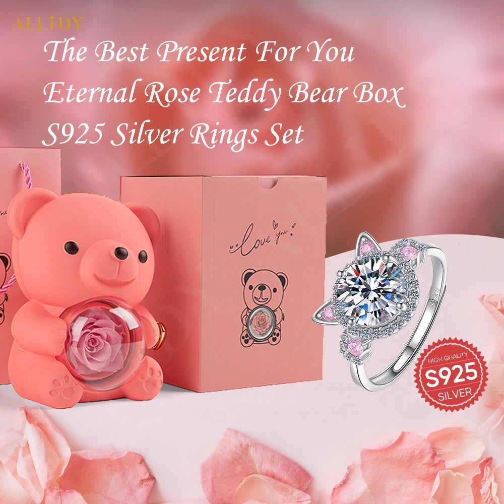 S925 Silver Fashion Cute Pink Cat Zircon Ring with Rose Bear Gift Box Jewelry Set Marriage Proposal Gift for Girlfriend