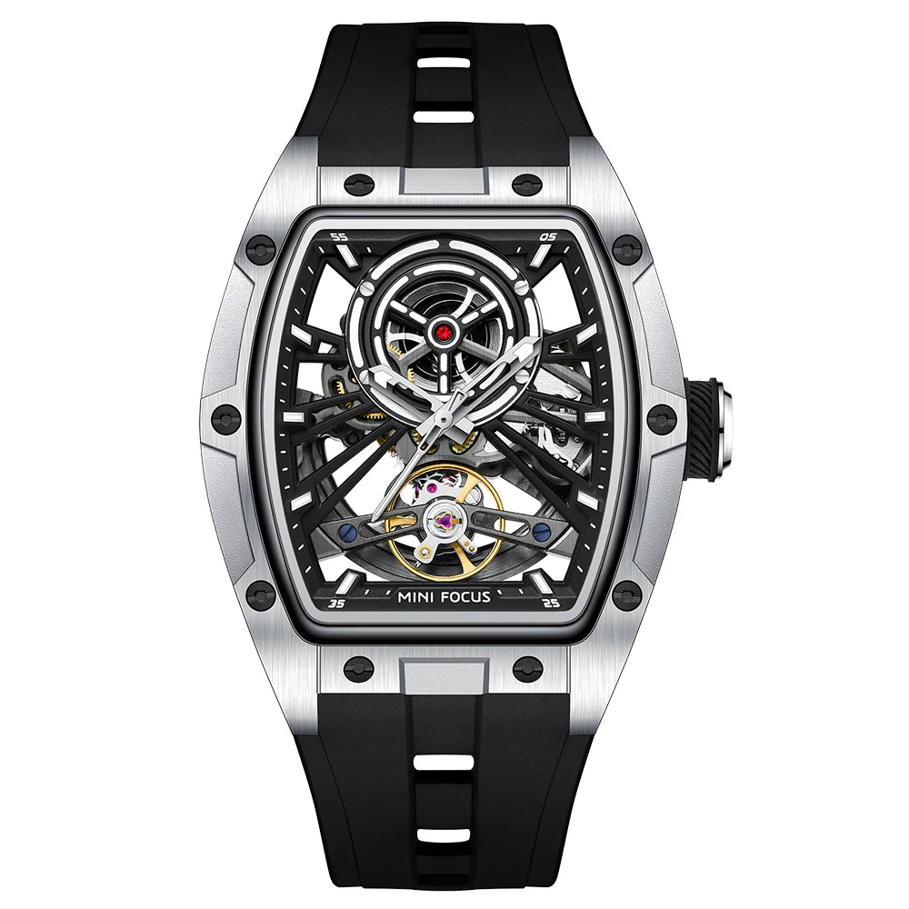 MINIFOCUS Men's Bestseller Barrel Automatic Mechanical Watch Full Skeleton Stainless Steel Case Trendy Fathers Day Gift for Him