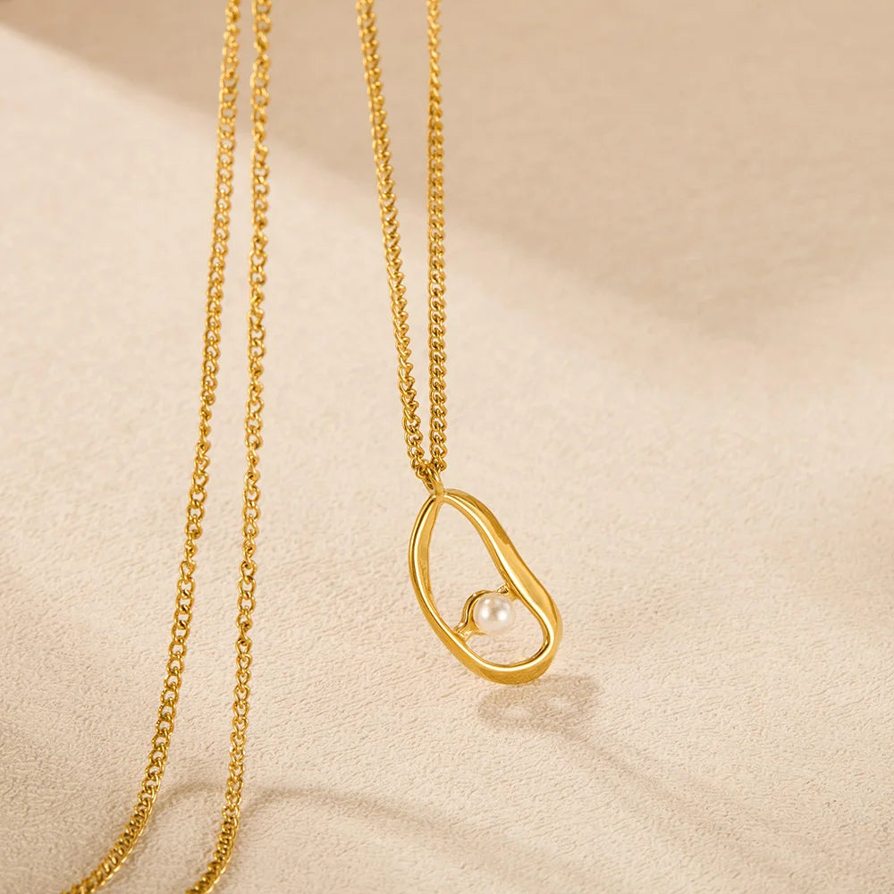 Geometric Pearl Pendant Necklace for Women – Trendy Irregular Stainless Steel Choker Chain