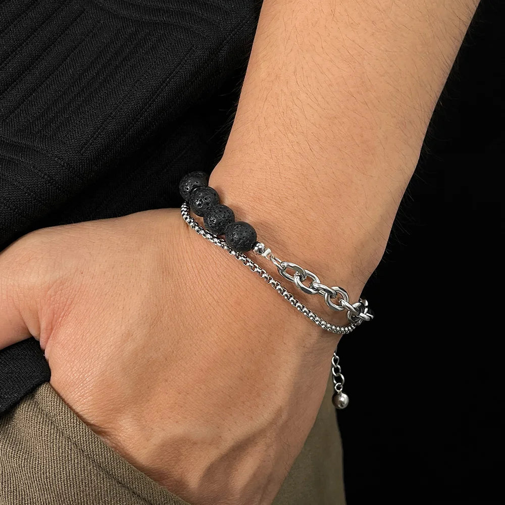 Men’s Double-Layer Lava Stone Chain Bracelet – Creative Stainless Steel Beaded Wristband, Street Style Fashion Accessory