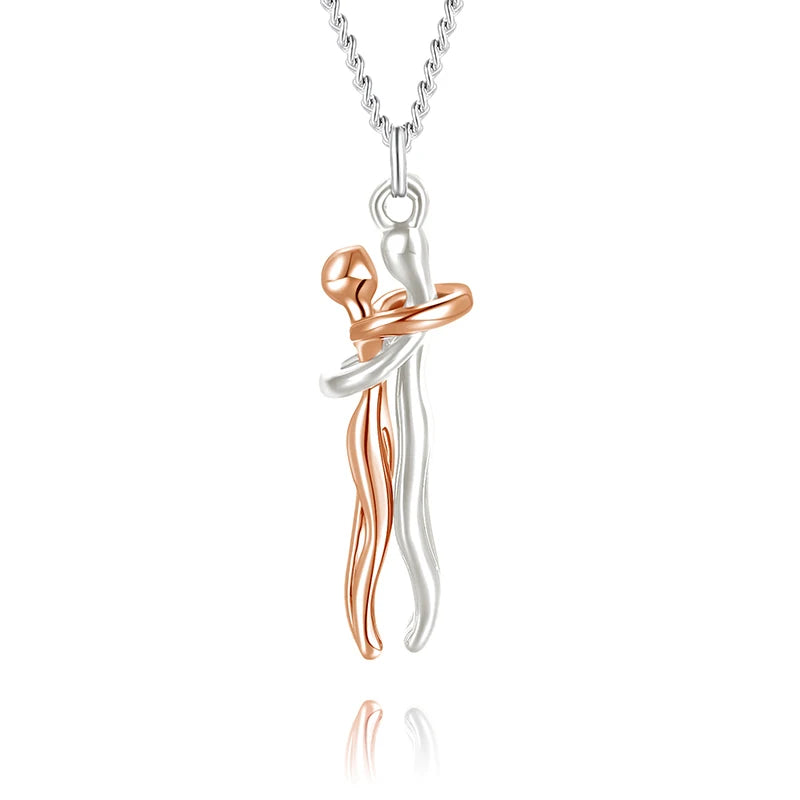 Couple Gift Set – Stainless Steel Hug Necklace, Real Preserved Rose in Drawer Jewelry Box – Romantic Holiday Gift for Him & Her