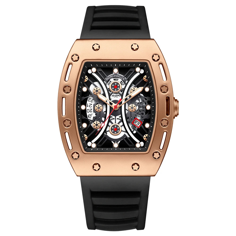 MINIFOCUS Men’s Hot Barrel‑Shaped Sport Watch Curved Glass Skeleton Dial Automatic Luminous Waterproof Watch Gift for Boyfriend
