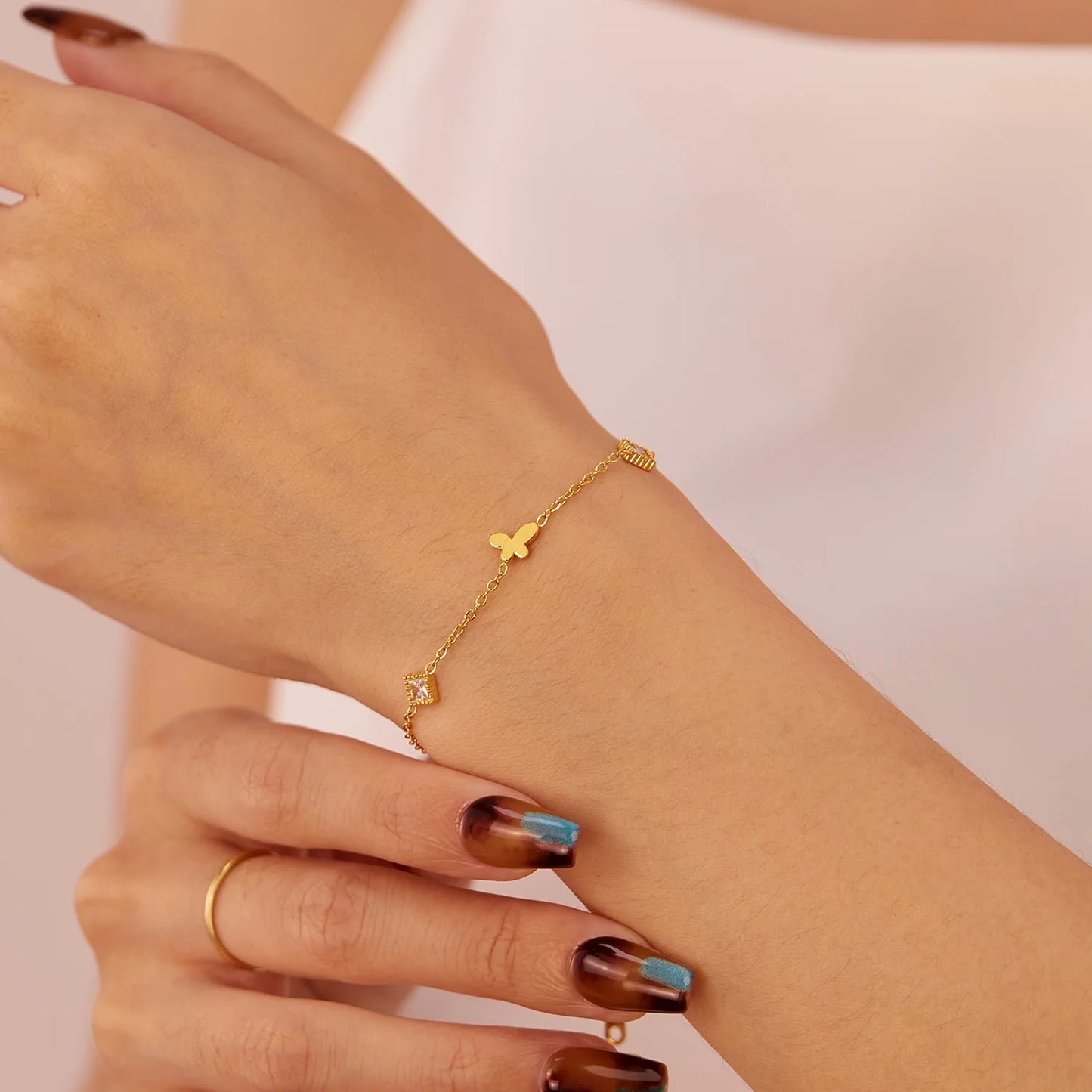 Minimalist Square Zircon Butterfly Bracelet for Women – Trendy Stainless Steel Titanium Chain, INS Style Jewelry in Bulk