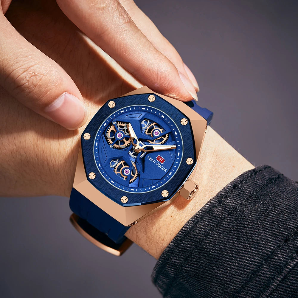 MINIFOCUS Skeleton Sport Men’s Watch Waterproof Japanese Quartz Movement Casual Wristwatch for Business Outdoor Gift for Him