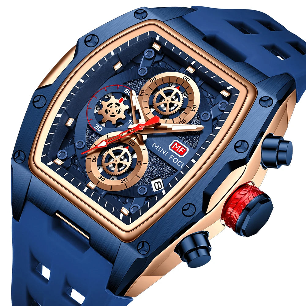 MINIFOCUS Men’s Racing Sport Watch – Waterproof Luminous Skeleton Dial Timepiece with Barrel Case for Outdoor & Business Wear