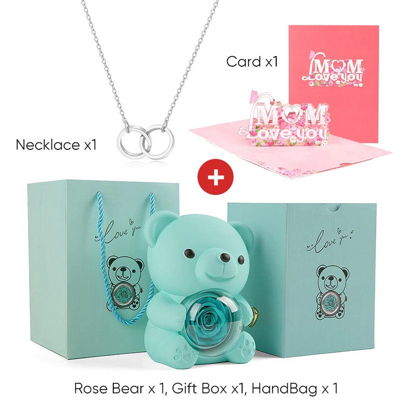 Mother's Day Gift Set Personalized Custom Necklace & Eternal Rose Teddy Bear and Beautiful Card Unique Jewelry Gift for Mom