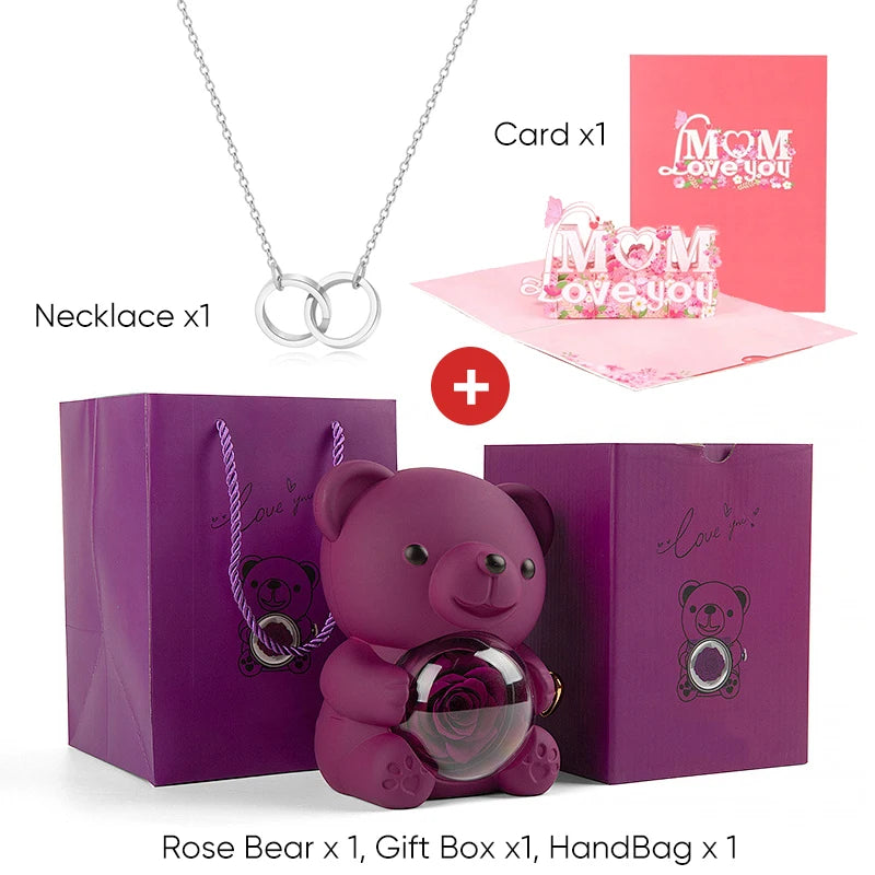 Mother's Day Gift Set Personalized Custom Necklace & Eternal Rose Teddy Bear and Beautiful Card Unique Jewelry Gift for Mom