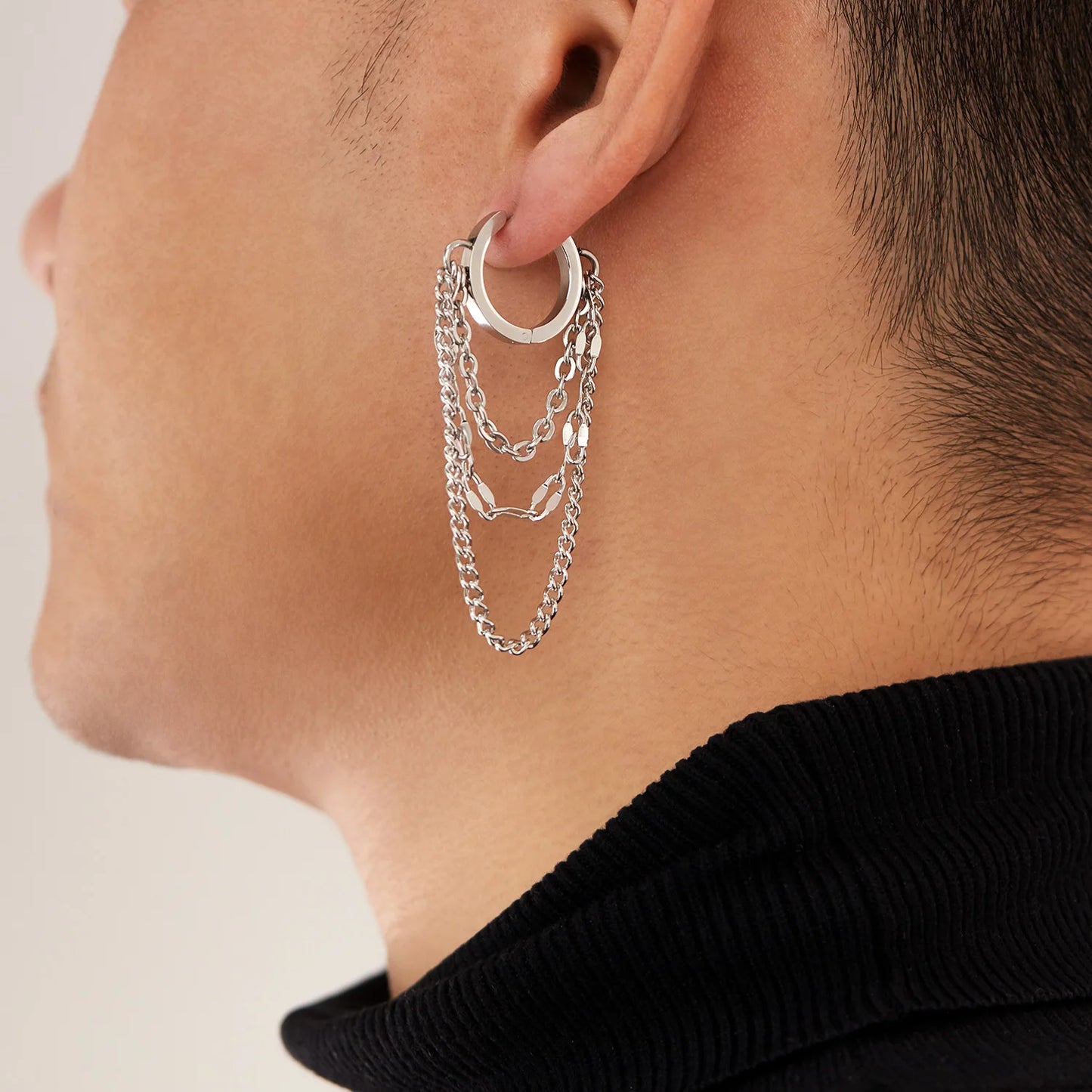 Men’s Stainless Steel Tassel Chain Stud Earring – Trendy Punk Style Titanium Steel Ear Accessory
