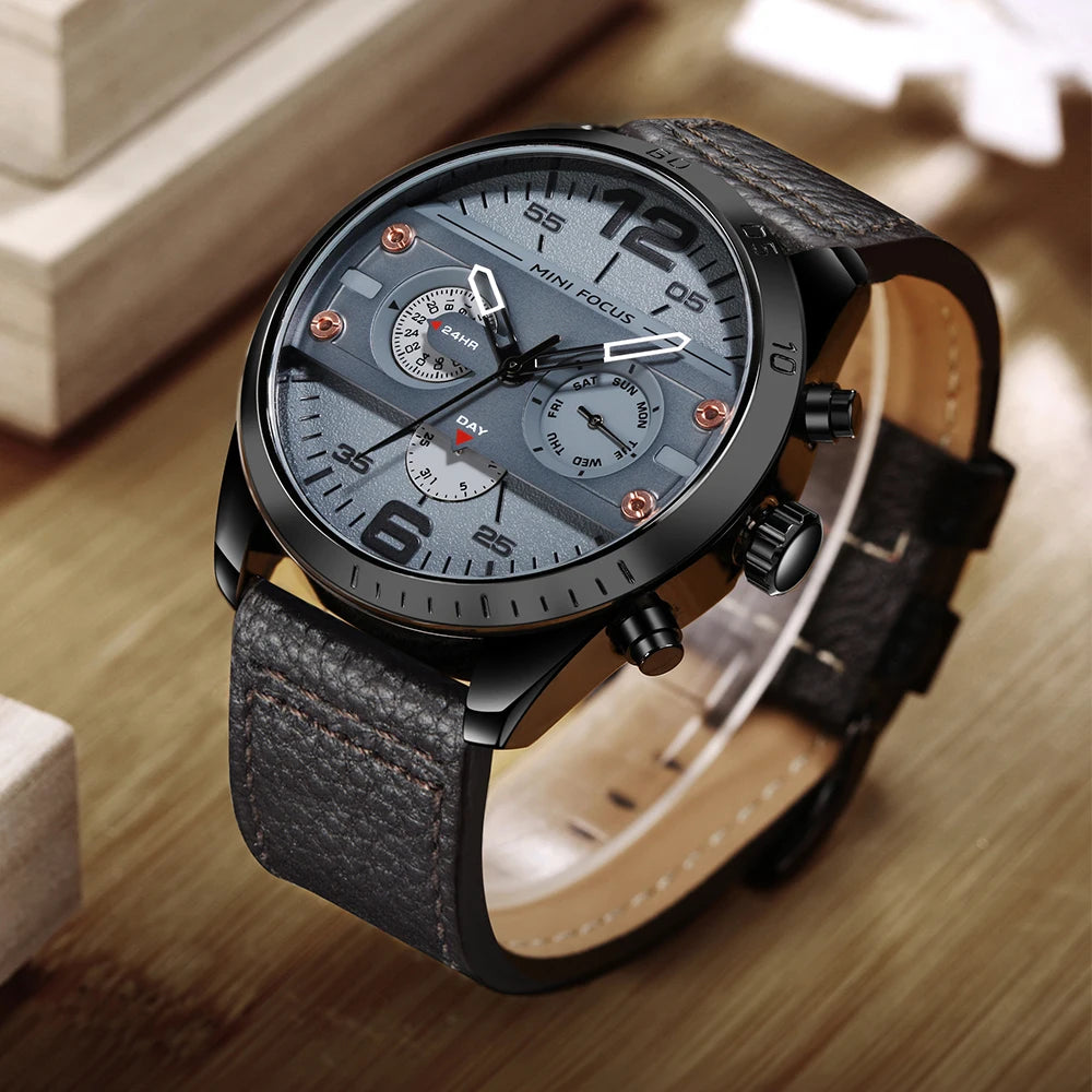 MINIFOCUS Men's Japanese Black Quartz Watch Multifunction Waterproof True Belt Trendy Casual Fashion Watch Gift for Men
