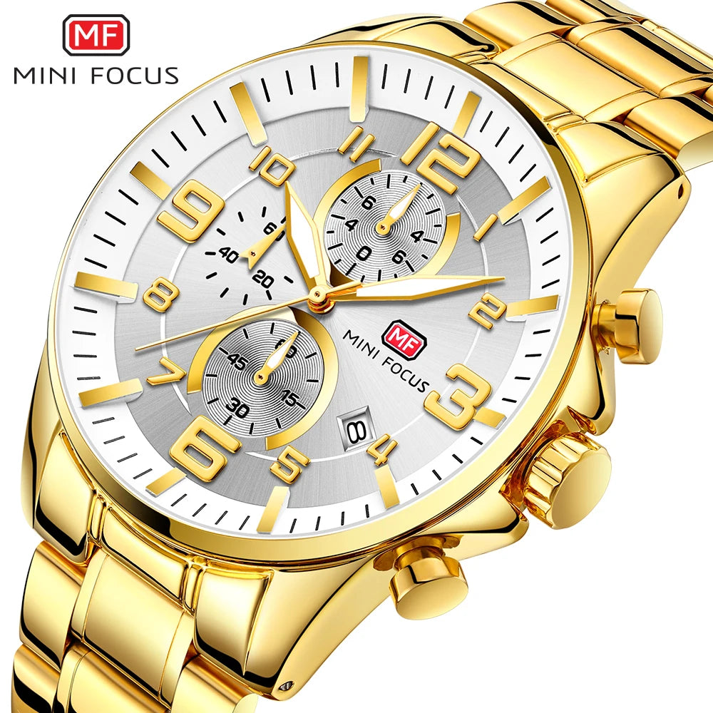 MINIFOCUS Golden Mens Luxury Watch Bold Large Dial Luminous Waterproof Stainless Steel Best Seller Middle East for Business Man