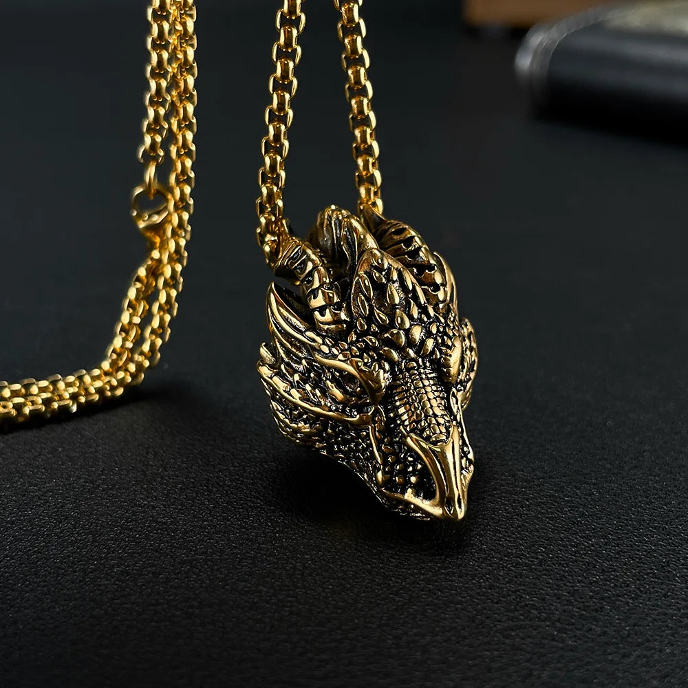 Men’s Dragon Head Pendant Necklace – Vintage Hip Hop Stainless Steel Chain with Fierce Style