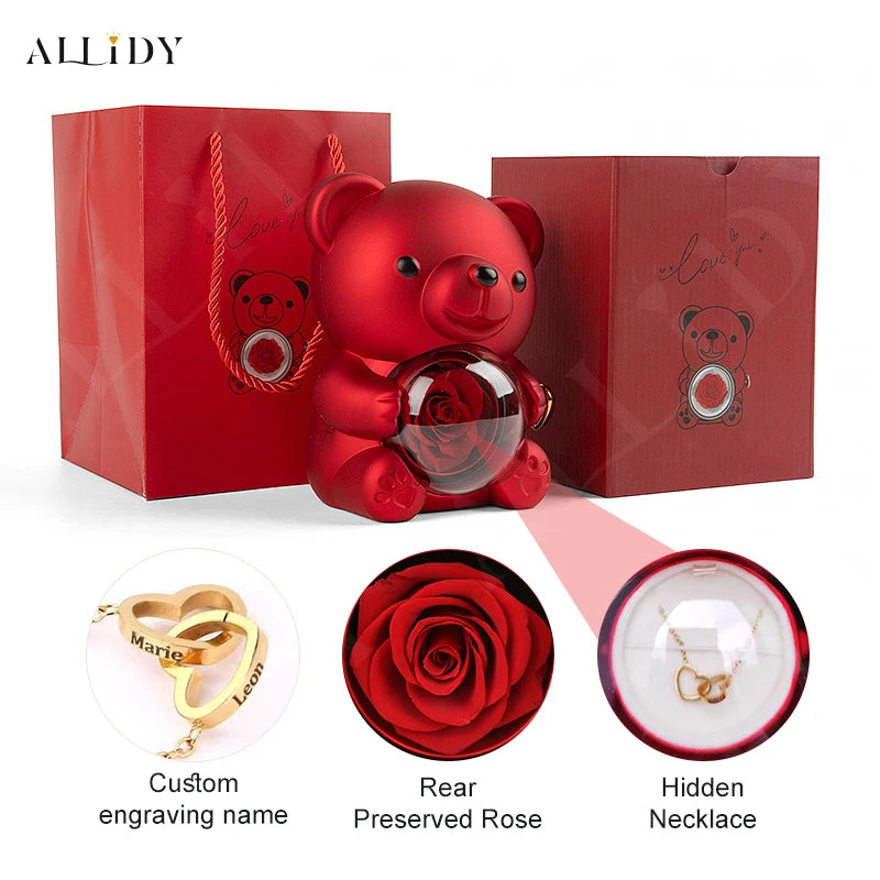 Rose Bear Gift Box with Personalized Custom Necklace For Girlfriend Women Valentine's Day gift Mother's Day Birthday Set