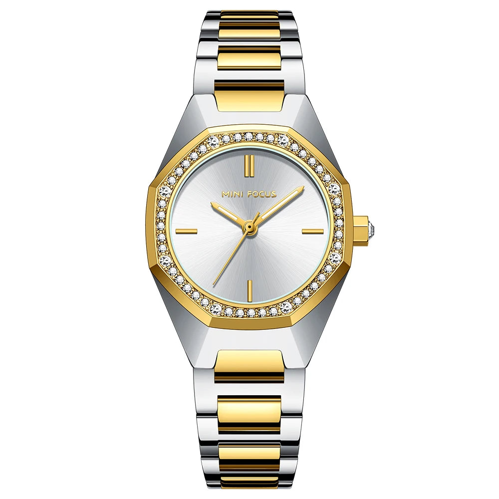 MINIFOCUS Women's Elegant Diamond Accented Octagon Quartz Watch Waterproof Stainless Band Luxury Fashion Watch Gift for Her