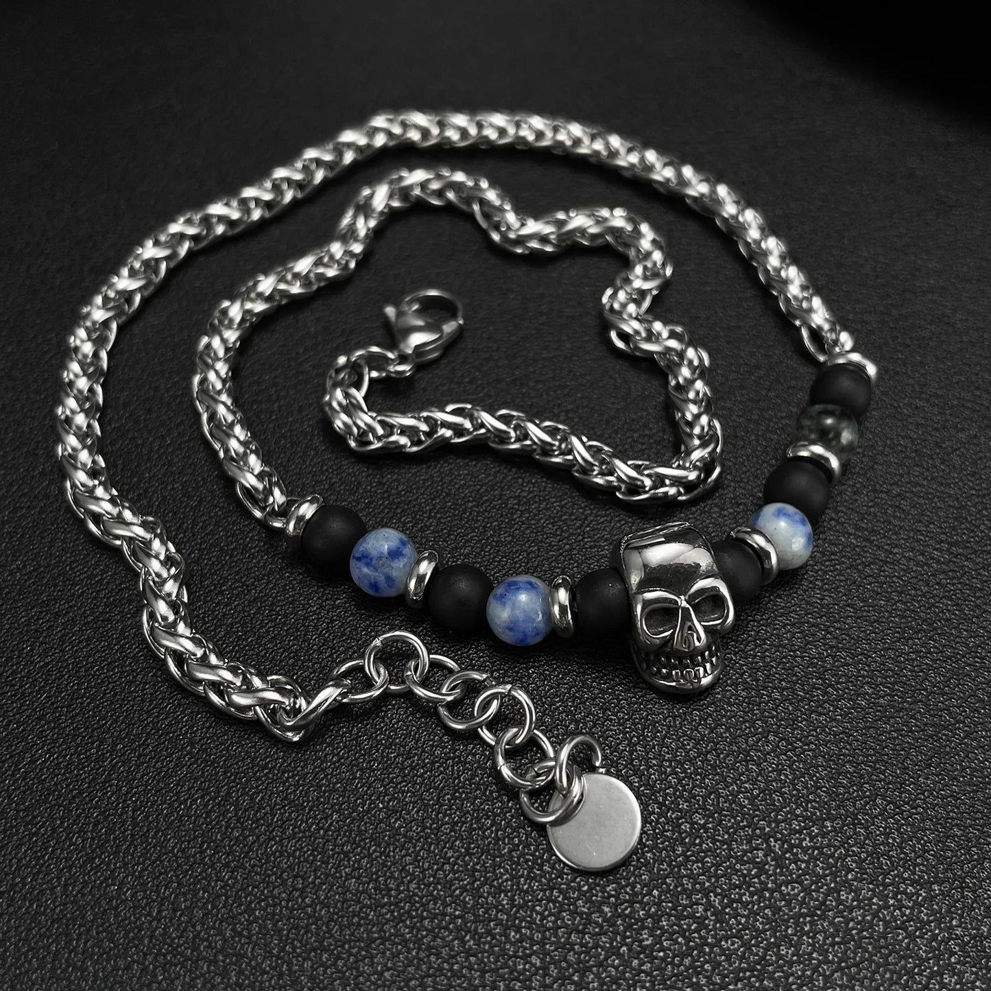 Men’s Skull Pendant Necklace – Stainless Steel Blue Dot Stone & Matte Beads Gothic Punk Jewelry