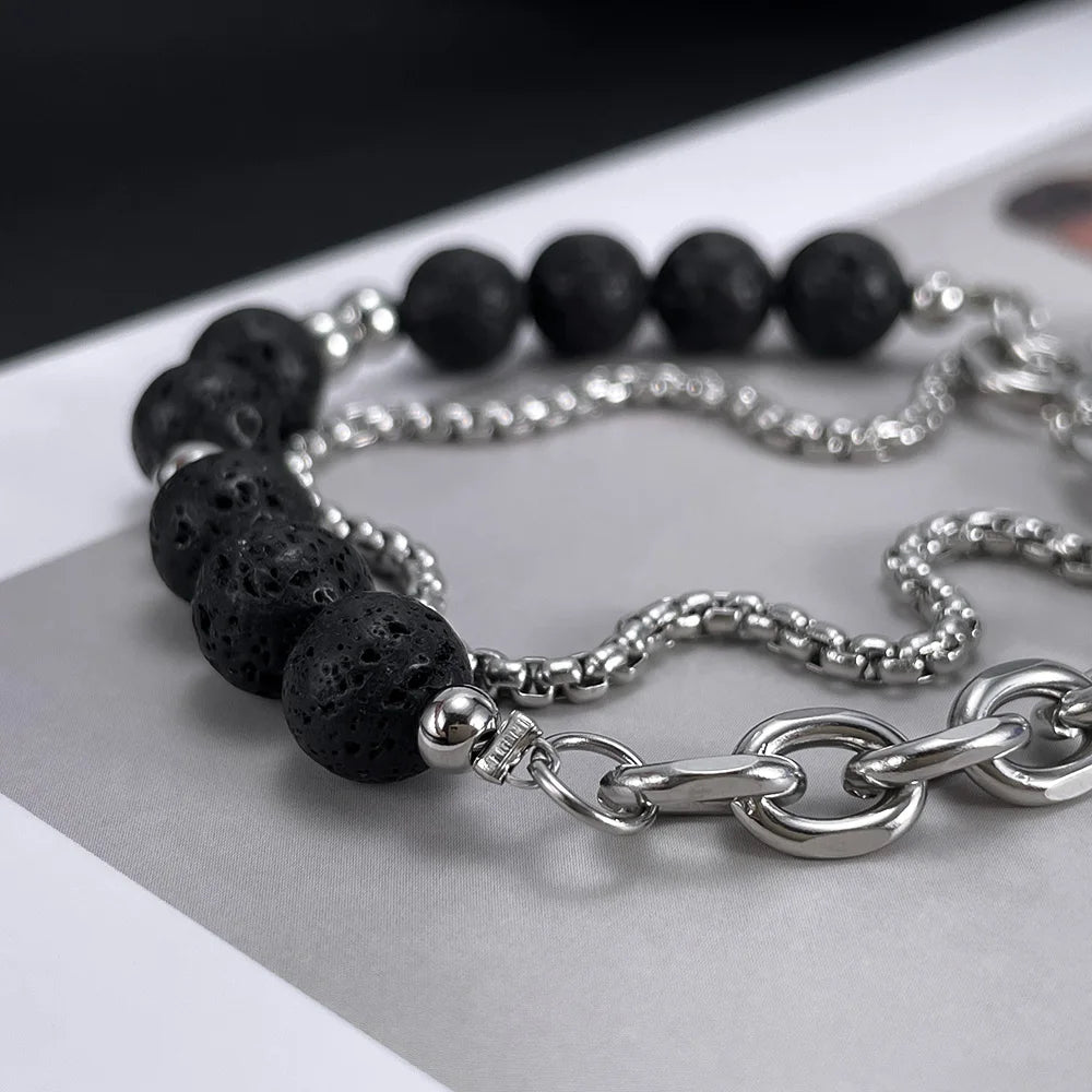 Men’s Double-Layer Lava Stone Chain Bracelet – Creative Stainless Steel Beaded Wristband, Street Style Fashion Accessory