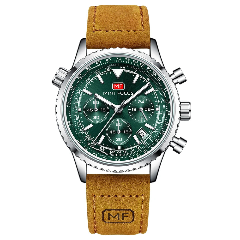 MINIFOCUS Mens Multifunction Quartz Watch Aviation Chronograph Genuine Leather Strap Water Resistant Luminous Fashion Casual