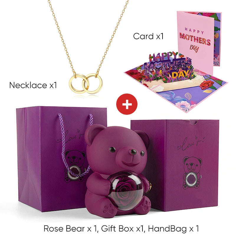 Mother's Day Gift Set Personalized Custom Necklace & Eternal Rose Teddy Bear and Beautiful Card Unique Jewelry Gift for Mom