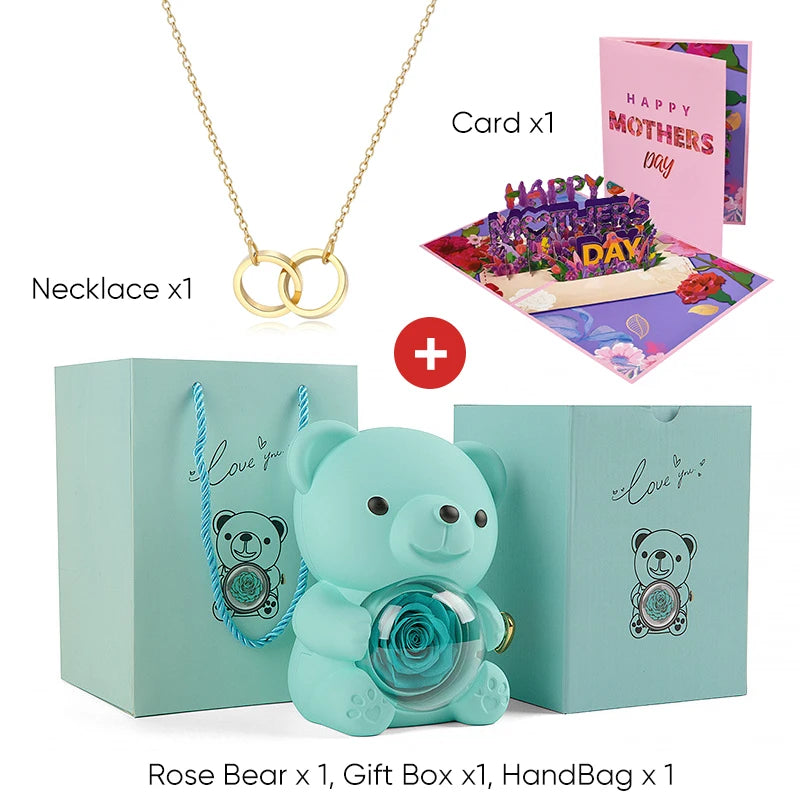 Mother's Day Gift Set Personalized Custom Necklace & Eternal Rose Teddy Bear and Beautiful Card Unique Jewelry Gift for Mom