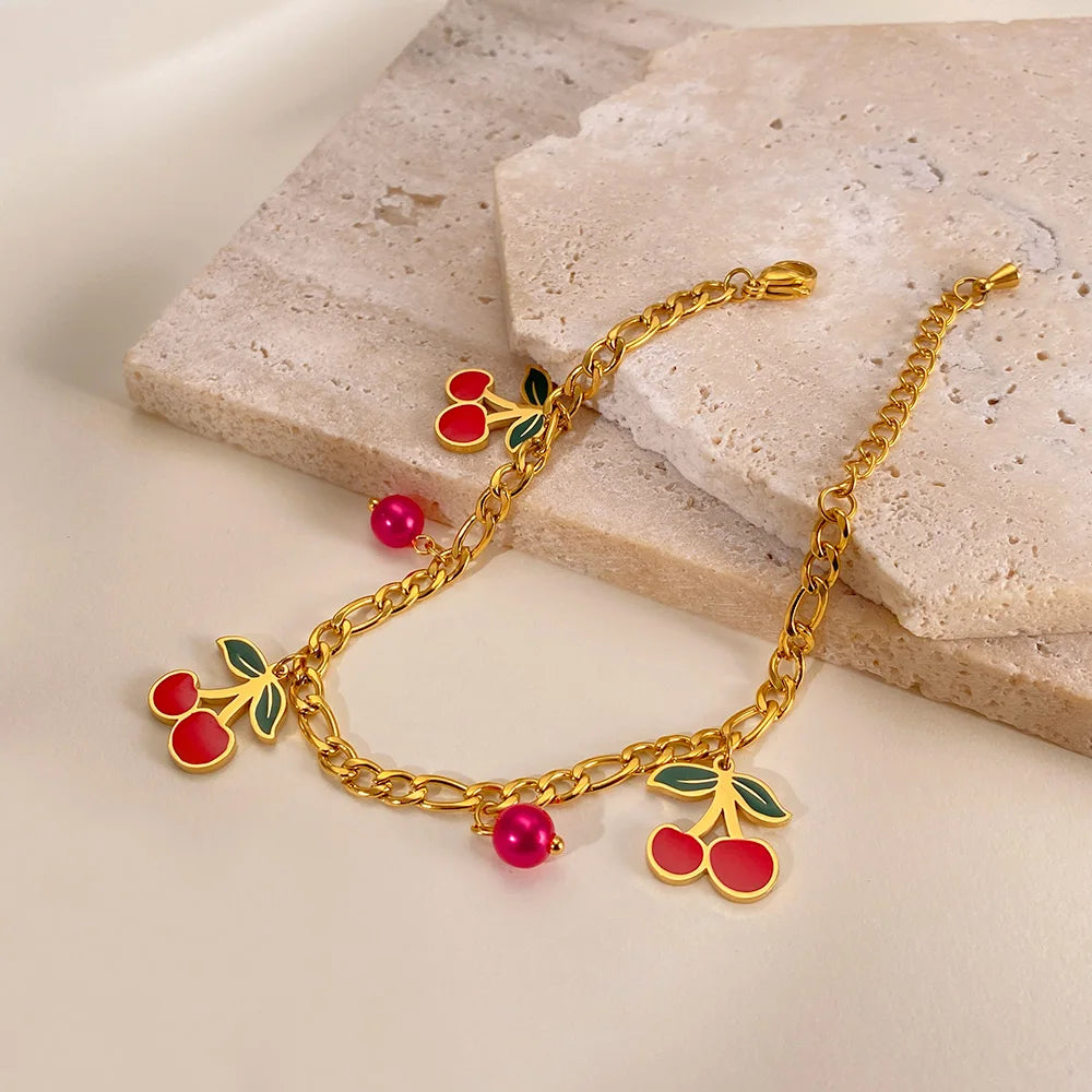 Fruit Charm Bracelet for Women – Stainless Steel Cherry Strawberry Enamel Titanium Steel Fashion Jewelry