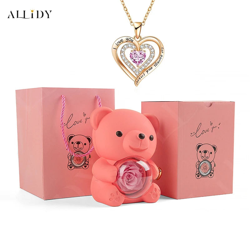 Luxury Red Zircon Pendant Necklaces With Rose Bear Gift Box For Girlfriend Women I Love You Gifts 2024 Trendy Wedding Jewelry