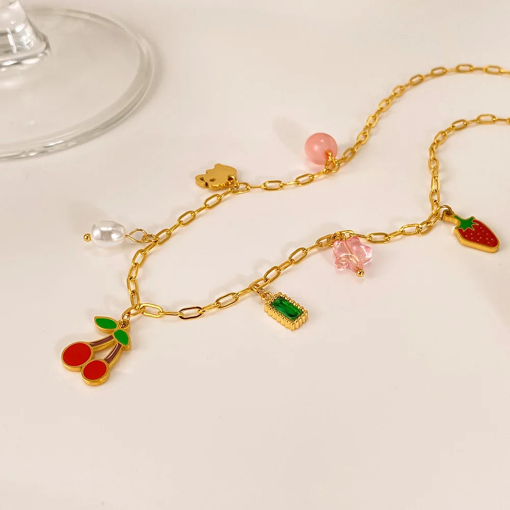 Trendy Cherry Pendant Necklace for Women – Stainless Steel Multi-Charm Aesthetic Clavicle Chain