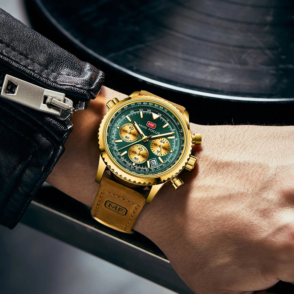MINIFOCUS Mens Multifunction Quartz Watch Aviation Chronograph Genuine Leather Strap Water Resistant Luminous Fashion Casual