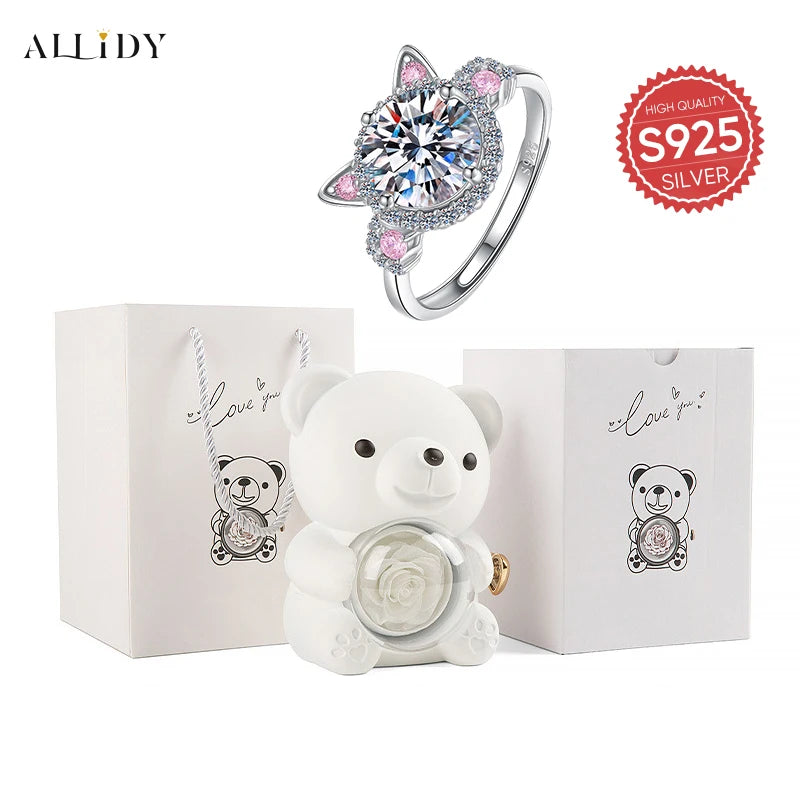 S925 Silver Fashion Cute Pink Cat Zircon Ring with Rose Bear Gift Box Jewelry Set Marriage Proposal Gift for Girlfriend