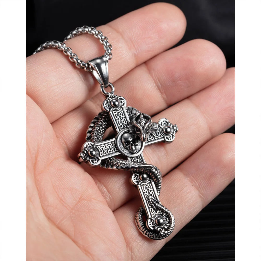 Vintage Dragon Skull Cross Necklace for Men – Gothic Titanium Steel Hip Hop Pendant Jewelry