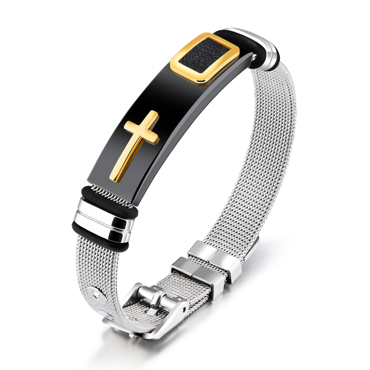 Menโs Vintage Punk Cross Bracelet โ Titanium Steel Mesh Band Wristband, Gothic Fashion Jewelry