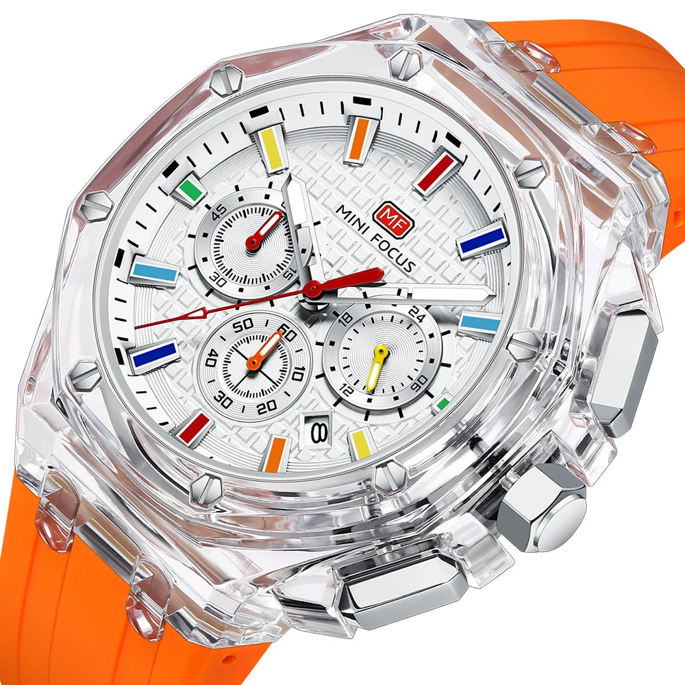 MINIFOCUS Trendy Mens Watch Ultra Lightweight Octagonal Transparent Case Multifunction Quartz Luminous Fashion Sport Watch