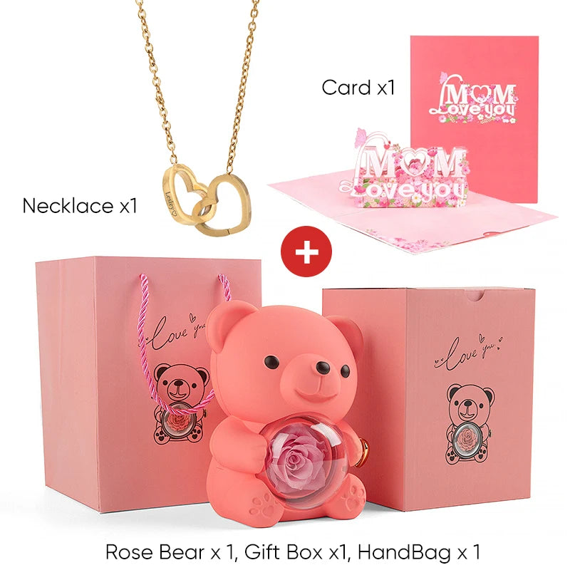2025 New Beautiful 3D Mother's Day Card Roses Teddy Bear and Necklace Best Personalized Unique Mother’s Day Gifts for Mom