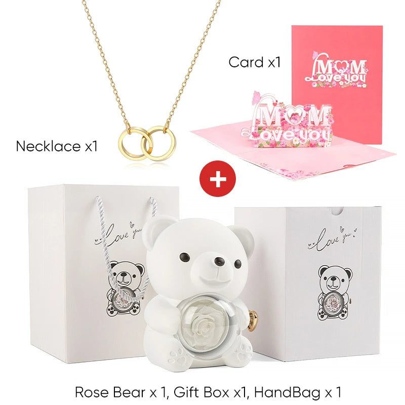 Mother's Day Gift Set Personalized Custom Necklace & Eternal Rose Teddy Bear and Beautiful Card Unique Jewelry Gift for Mom