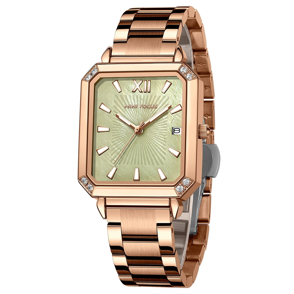 MINIFOCUS Women's Luxury Mini Square Watch Mother-of-Pearl Dial Luminous Stainless Steel Band Fashion Watch Gift for Women