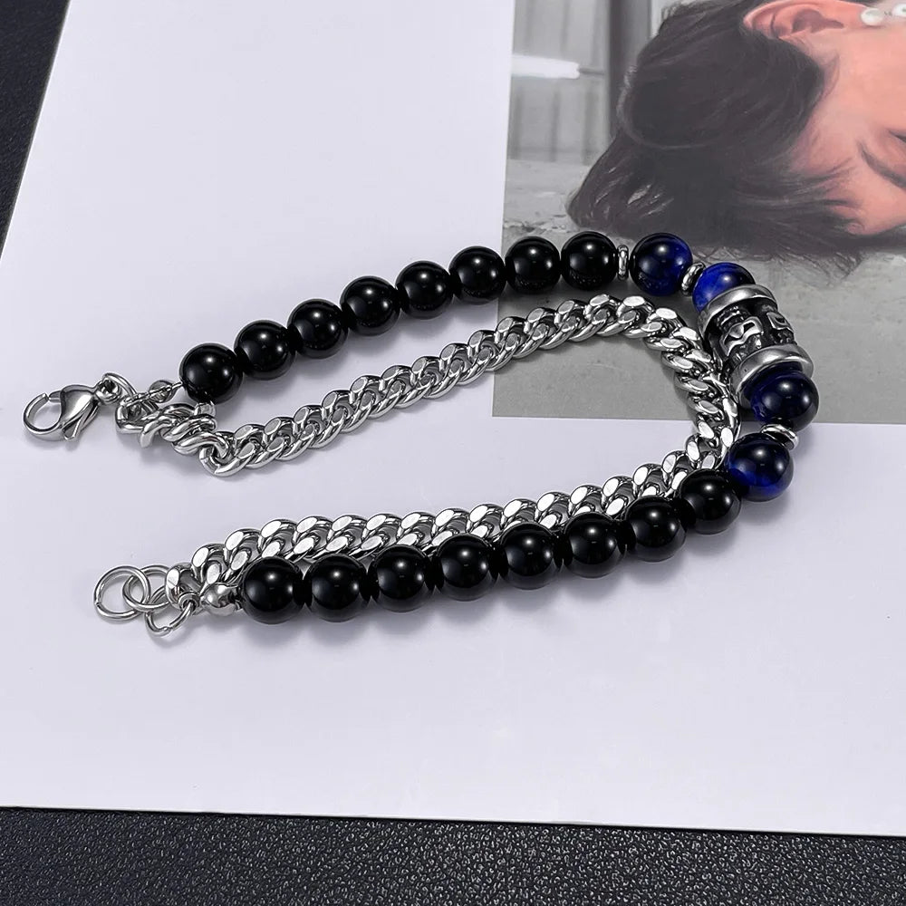 Men’s Double-Layer Cuban Chain Bracelet – Black Agate & Tiger Eye Beads, Stainless Steel Fashion Jewelry
