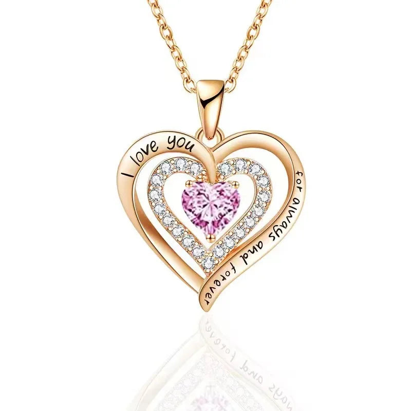 Hot Romantic Sakura Pink Eternal Rose Jewelry Box & Heart Gemstone Stainless Steel Necklace Mother's Day Surprise Gift for Women