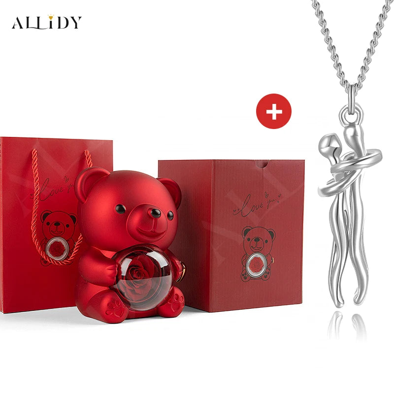 Hip Hop Embrace Couple Pendant Necklace Adjustable Hugging Pendant Necklace and Eternal Rose Bear Jewelry Box Valentine Day Gift