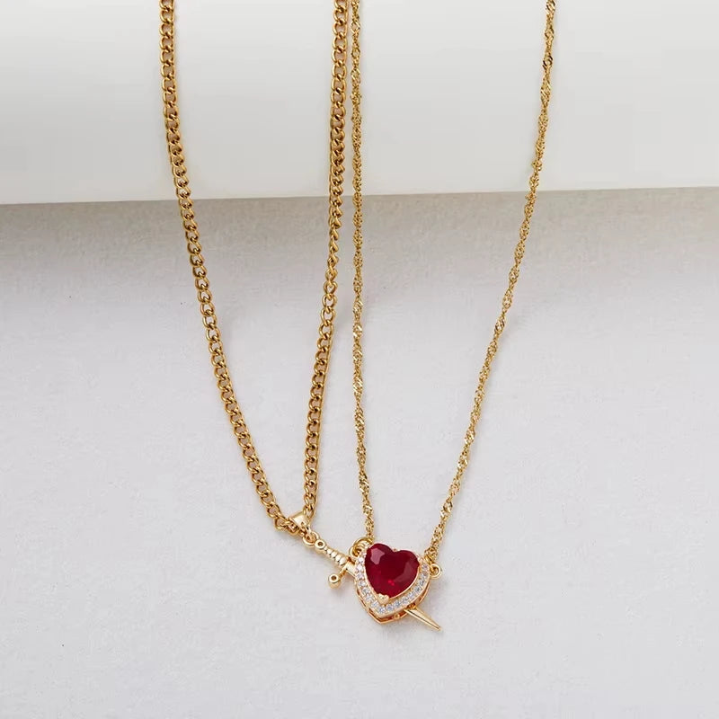 2PC Gothic Punk One Arrow Through The Heart Creative Two Color Couple Necklace Red Rhinestone Heart Dagger Necklace Friend Gift